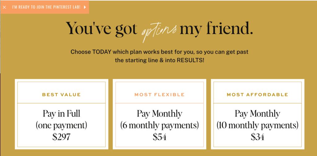 Three pricing options displayed on a gold background: Best Value at $297, Most Flexible at $54 per month, and Most Affordable at $34 per month.